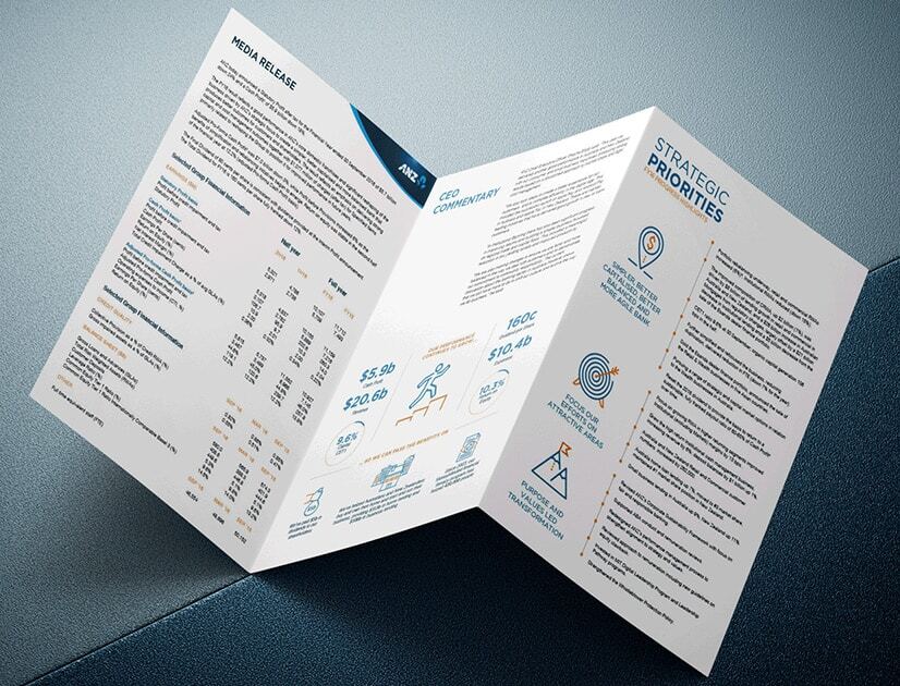 Printed visual reporting strategies design showing a tri-fold printed infographic with data