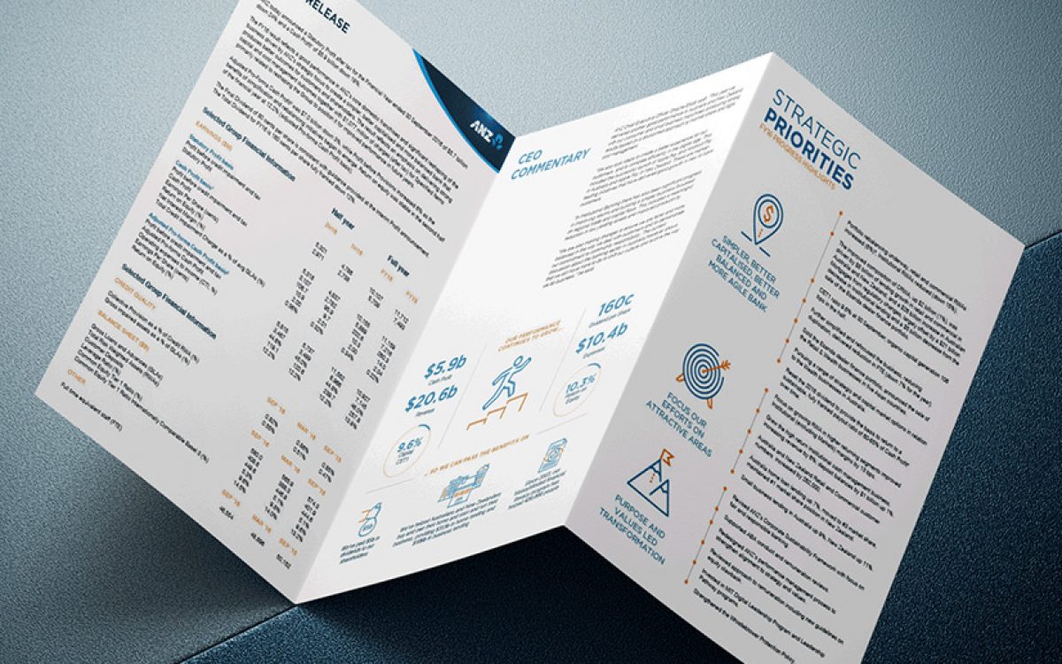 Printed visual reporting strategies design showing a tri-fold printed infographic with data