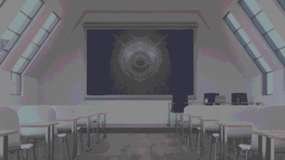 Photo of a PowerPoint Workshop training room with data visuallization slide projected on a screen