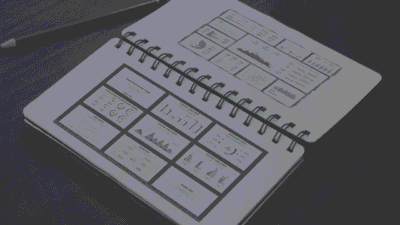 Sketchbook of a PowerPoint Workshop training attendee, filled with charts and storyboard ideas