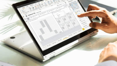 Image of a man using an example of the Power BI templates on a laptop.