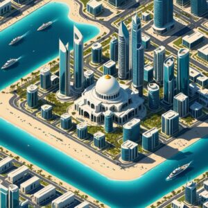 Isometric aerial view of Abu Dhabi's Corniche, towers and grand mosque, host city for Ai Everything Global