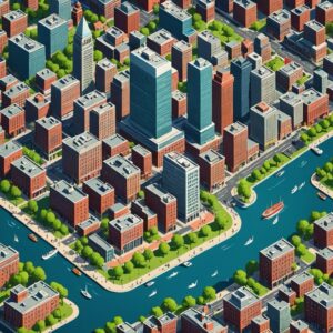 Isometric aerial view of Boston's brick waterfront and harbour, host city for DBTA Data Summit