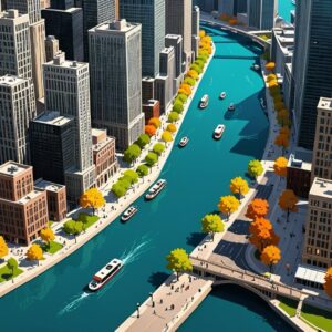 Isometric aerial view of the Chicago River and downtown towers, host city for The Data Science Conference