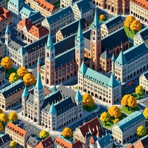 Isometric aerial view of Munich's New Town Hall and Marienplatz, host city for Machine Learning Week Europe