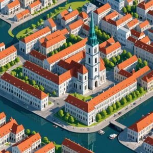 Isometric aerial view of Vilnius Old Town and the Neris river, host city for Big Data Conference Europe
