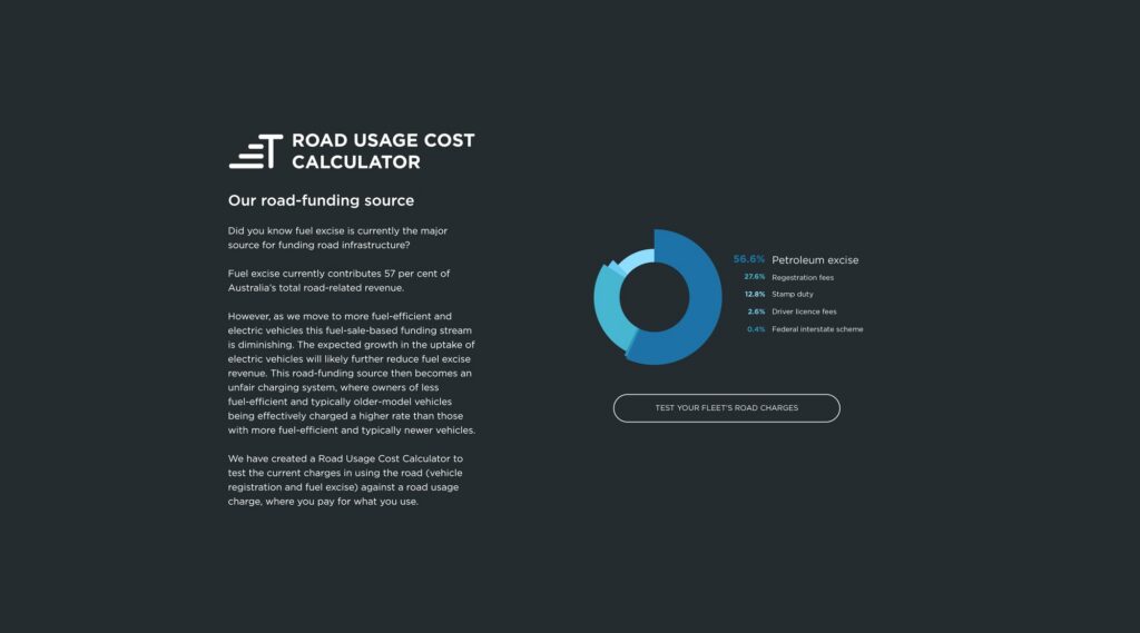 Transurban Calculator Landing Landing screen of the Road Usage Cost Calculator designed for Transurban, explaining Australia's road funding